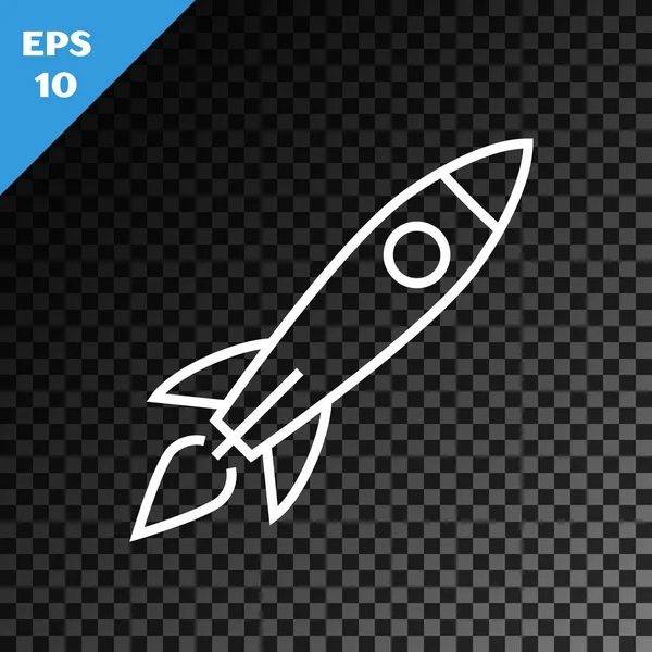 White line Rocket ship with fire icon isolated on transparent dark background. Space travel.  Vector Illustration