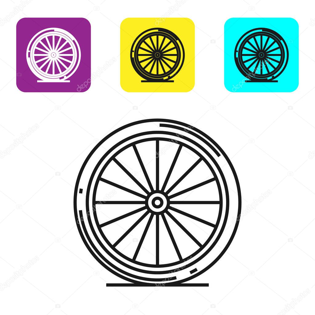Black line Bicycle wheel icon isolated on white background. Bike race. Extreme sport. Sport equipment. Set icons colorful square buttons. Vector Illustration
