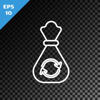 Geri dönüşüm sembolü simgesi olan beyaz çizgi çöp torbası şeffaf koyu arkaplanda izole edilmiş. Çöp kutusu simgesi. Geri dönüşüm sepeti işareti. Vektör İllüstrasyonu