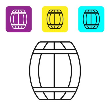 Black line Wooden barrel icon isolated on white background. Alcohol barrel, drink container, wooden keg for beer, whiskey, wine. Set icons colorful square buttons. Vector Illustration