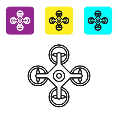 Siyah çizgi Drone beyaz arka plan üzerinde izole aksiyon video kamera simgesi ile uçan. Video ve fotoğraf makinesi sembolü ile Quadrocopter. Simgeleri renkli kare düğmeleri ayarlayın. Vektör İllüstrasyonu