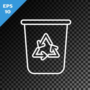 Geri dönüşüm sembolü simgesi olan beyaz çizgi geri dönüşüm kutusu şeffaf koyu arkaplanda izole edildi. Çöp kutusu simgesi. Çöp kutusu tabelası. Geri dönüşüm sepeti işareti. Vektör İllüstrasyonu