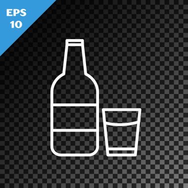 Beyaz çizgi üzerinde şeffaf koyu arka planda izole edilmiş süt ve cam ikon bulunan cam şişe. Vektör İllüstrasyonu