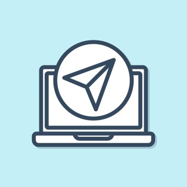 Şehir haritası yön bulma simgesinin mavi çizgi bilgileri mavi arkaplanda izole edildi. Laptop Uygulama Arayüzü tasarımı. Coğrafi konsept. Vektör İllüstrasyonu