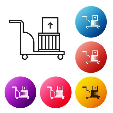 Siyah çizgi elektrikli el arabası ve beyaz arka planda izole edilmiş kutu simgesi. Dolly sembolü. Renkli daire düğmelerini ayarlayın. Vektör İllüstrasyonu