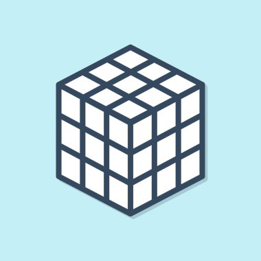 Mavi çizgi rubik küp simgesi mavi arkaplanda izole edildi. Mekanik yapboz oyuncağı. Rubik 'in 3 boyutlu küp kombinasyon bulmacası. Vektör İllüstrasyonu