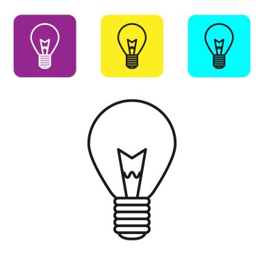Beyaz arka plan üzerinde izole fikir simgesi kavramı ile siyah hat Ampul. Enerji ve fikir sembolü. İlham kavramı. Simgeleri renkli kare düğmeleri ayarlayın. Vektör İllüstrasyonu