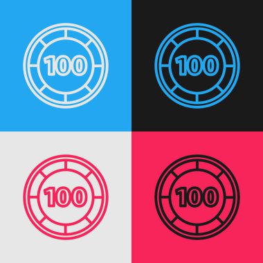 Renkli çizgi kumarhane çipleri simgesi renk arkaplanında izole edildi. Kumarhane kumarı. Klasik tarzda çizim. Vektör İllüstrasyonu