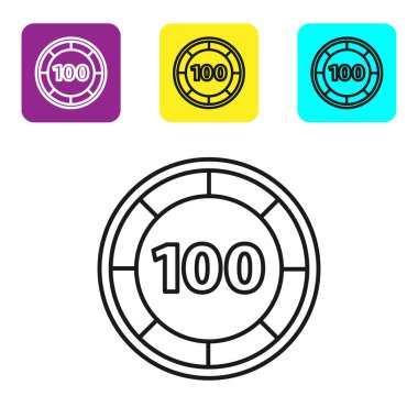 Siyah çizgi kumarhane çipleri simgesi beyaz arka planda izole edildi. Kumarhane kumarı. Renkli kare düğmeleri ayarlayın. Vektör İllüstrasyonu