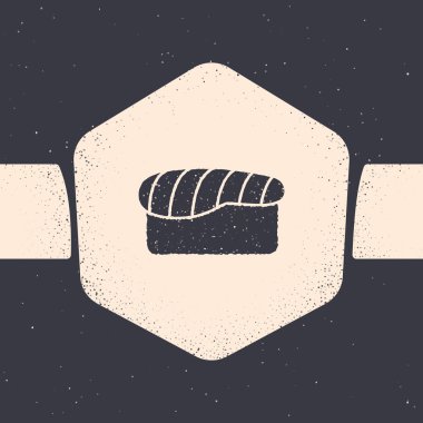 Grunge Sushi simgesi gri arkaplanda izole edildi. Geleneksel Japon yemekleri. Tek renkli klasik çizim. Vektör İllüstrasyonu