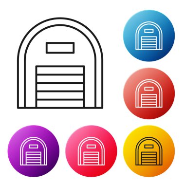 Beyaz arka planda siyah çizgi Depo simgesi izole edildi. Renkli daire düğmelerini ayarlayın. Vektör İllüstrasyonu