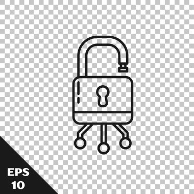 Siyah çizgi siber güvenlik simgesi şeffaf arkaplanda izole edildi. Dijital devre kartında kapalı asma kilit. Güvenlik kavramı. Dijital veri koruması. Vektör İllüstrasyonu