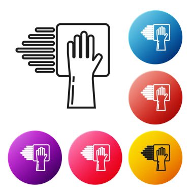 Siyah çizgi temizleme servisi simgesi beyaz arkaplanda izole edildi. Renkli daire düğmelerini ayarlayın. Vektör İllüstrasyonu