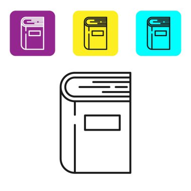 Siyah çizgi kitap simgesi beyaz arkaplanda izole edildi. Renkli kare düğmeleri ayarlayın. Vektör İllüstrasyonu