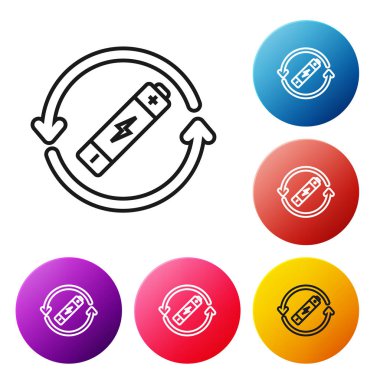 Geri dönüşüm sembolü simgesi olan siyah çizgi pili beyaz arkaplanda izole edilmiş. Geri dönüşüm sembollü pil - yenilenebilir enerji konsepti. Renkli daire düğmelerini ayarlayın. Vektör İllüstrasyonu