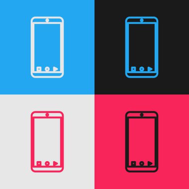 Uygulama dağıtım ikonu olan renkli mobil akıllı telefon renk arkaplanında izole edildi. Paket takibi. Klasik tarzda çizim. Vektör İllüstrasyonu