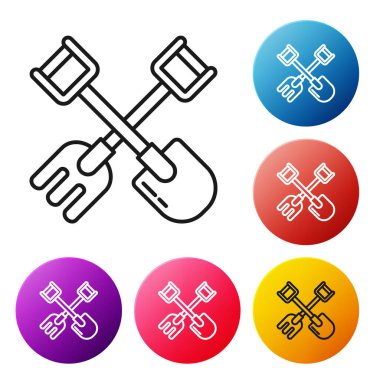 Siyah çizgi kürek ve tırmık simgesi beyaz arkaplanda izole edildi. Bahçecilik, tarım, bahçıvanlık, çiftçilik aletleri. Toprak işçisi. Renkli daire düğmelerini ayarlayın. Vektör İllüstrasyonu