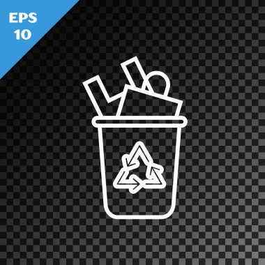 Geri dönüşüm sembolü simgesi olan beyaz çizgi geri dönüşüm kutusu şeffaf koyu arkaplanda izole edildi. Çöp kutusu simgesi. Çöp kutusu tabelası. Geri dönüşüm sepeti işareti. Vektör İllüstrasyonu