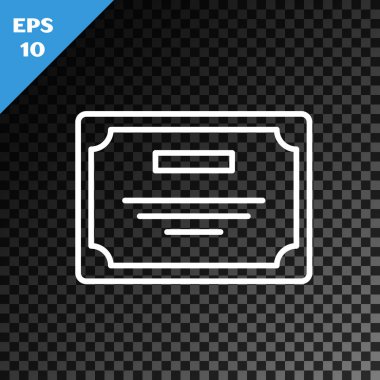 Beyaz çizgi sertifika şablon simgesi şeffaf koyu arkaplanda izole edildi. Başarı, ödül, diploma, burs, diploma. İş başarısı sertifikası Vektör İllüstrasyonu