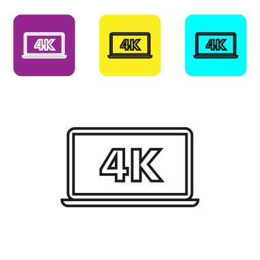 Beyaz zemin üzerinde 4k video teknolojisi simgesi olan siyah çizgi dizüstü ekran. Renkli kare düğmeleri ayarlayın. Vektör İllüstrasyonu