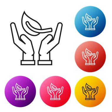 Beyaz arka plan üzerinde izole çevre koruma simgesi elinde Siyah çizgi Filiz. Tohum ve fide. Fidan dikimi. Ekoloji kavramı. Simgeleri renkli daire düğmeleri ayarlayın. Vektör İllüstrasyonu