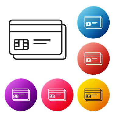 Siyah çizgi Kredi kartı simgesi beyaz arka planda yalıtılmış. Online ödeme. Nakit para çekme. Finansal operasyonlar. Alışveriş tabelası. Simgeleri renkli daire düğmeleri ayarlayın. Vektör İllüstrasyonu
