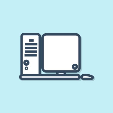 Mavi çizgi bilgisayar monitörü mavi arkaplanda klavye ve fare simgesi izole edildi. Bilgisayar bileşeni işareti. Vektör İllüstrasyonu