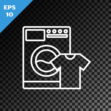 Beyaz çizgi Yıkama ve tişört simgesi şeffaf koyu arkaplanda izole edilmiş. Çamaşır makinesi simgesi. Çamaşır makinesi, çamaşır makinesi. Ev aletleri sembolü. Vektör İllüstrasyonu