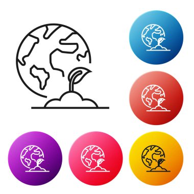 Siyah çizgi Dünya küresi ve bitki ikonu beyaz arka planda izole edildi. Dünya ya da Dünya işareti. Geometrik şekiller. Çevresel konsept. Renkli daire düğmelerini ayarlayın. Vektör İllüstrasyonu