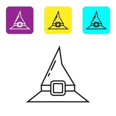 Siyah çizgi cadı şapkası simgesi beyaz arkaplanda izole edildi. Mutlu Cadılar Bayramı Partisi. Renkli kare düğmeleri ayarlayın. Vektör İllüstrasyonu