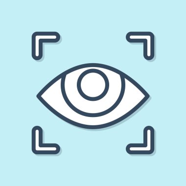 Mavi çizgi göz tarama simgesi mavi arkaplanda izole edildi. Göz taraması yapılıyor. Güvenlik kontrol sembolü. Siber göz işareti. Vektör İllüstrasyonu