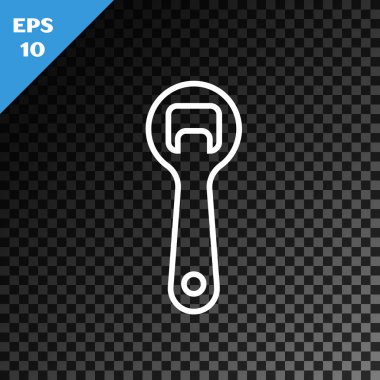 Beyaz çizgi şişe açacağı simgesi şeffaf koyu arkaplanda izole edildi. Vektör İllüstrasyonu