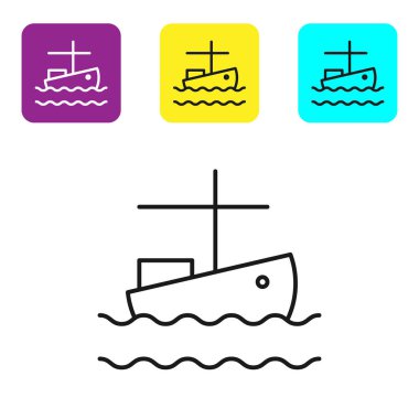 Su ikonu üzerindeki siyah çizgili balıkçı teknesi beyaz arka planda izole edilmiş. Renkli kare düğmeleri ayarlayın. Vektör İllüstrasyonu