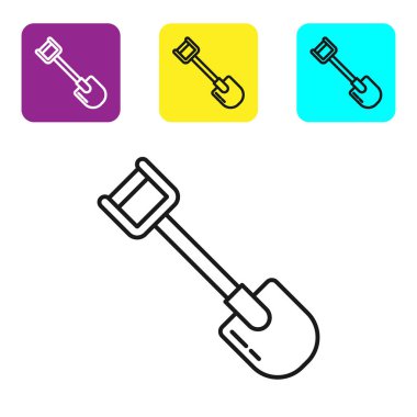 Siyah çizgi Shovel simgesi beyaz arka plan üzerinde izole. Bahçıvanlık aleti. Bahçecilik, tarım, tarım için bir araç. Simgeleri renkli kare düğmeleri ayarlayın. Vektör İllüstrasyonu
