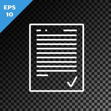 Şeffaf koyu arkaplanda işaretleme simgesine sahip beyaz çizgi sınav kağıdı. Sınav kağıdı, sınav ya da araştırma konsepti. Sınav ya da sınav. Vektör İllüstrasyonu