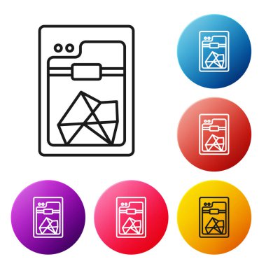 Siyah çizgi 3D yazıcı simgesi beyaz arkaplanda izole edildi. Renkli daire düğmelerini ayarlayın. Vektör İllüstrasyonu