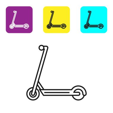 Siyah çizgi Scooter simgesi beyaz arkaplanda izole edildi. Renkli kare düğmeleri ayarlayın. Vektör İllüstrasyonu