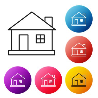 Beyaz arka planda siyah çizgi ev simgesi izole edildi. Ev sembolü. Renkli daire düğmelerini ayarlayın. Vektör İllüstrasyonu