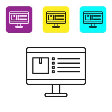 Uygulama iletim simgesi olan siyah çizgi bilgisayar monitörü beyaz arkaplanda izole edildi. Paket takibi. Renkli kare düğmeleri ayarlayın. Vektör İllüstrasyonu