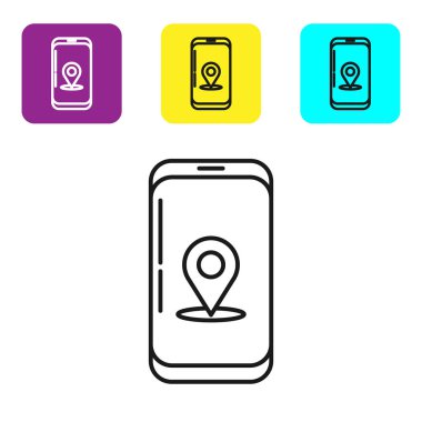 Beyaz arka planda yalıtılmış şehir haritası navigasyon simgesinin siyah çizgi Bilgi Grafiği. Mobil App Interface konsept tasarımı. Geolamcation kavramı. Simgeleri renkli kare düğmeleri ayarlayın. Vektör İllüstrasyonu