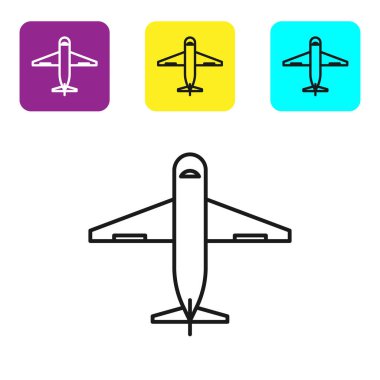 Siyah çizgi düzlem simgesi beyaz arkaplanda izole edildi. Teslimat, ulaşım. Kargo hava yoluyla geliyor. Paketli uçaklar, kutular. Renkli kare düğmeleri ayarlayın. Vektör İllüstrasyonu