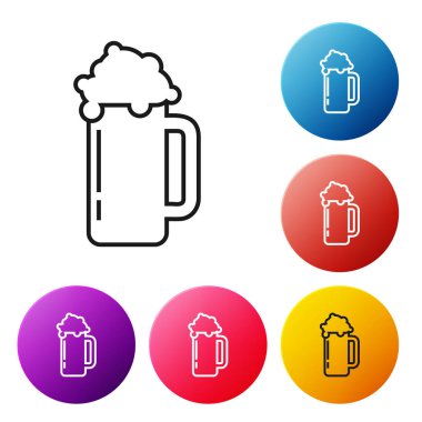 Beyaz arka planda izole edilmiş siyah çizgi bira ikonu. Renkli daire düğmelerini ayarlayın. Vektör İllüstrasyonu