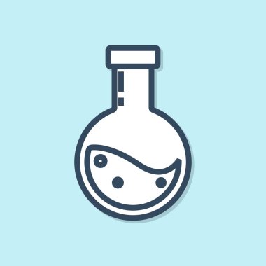 Mavi arkaplanda ikon ikonu olan mavi çizgi şişesi. Sihirli iksirli matara. Mutlu Cadılar Bayramı Partisi. Vektör İllüstrasyonu