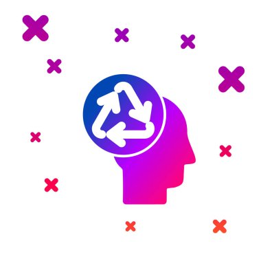 Beyaz arka planda izole edilmiş geri dönüşüm simgesine sahip renkli insan kafası. Geri dönüşüm düşüncesi. Ekoloji dostu. Kademeli rastgele dinamik şekiller. Vektör İllüstrasyonu