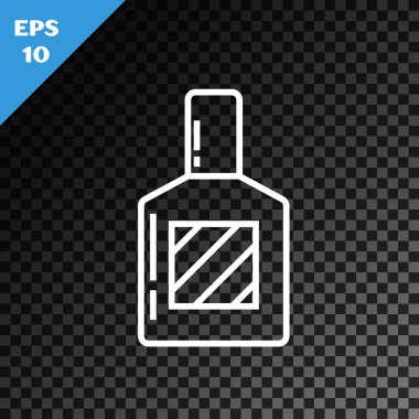 Beyaz çizgi tıraş losyonu simgesi, şeffaf koyu arkaplanda izole edilmiş. Parfüm spreyi ikonu. Erkek parfüm şişesi. Vektör İllüstrasyonu