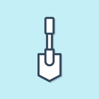 Mavi arka planda yalıtılmış mavi çizgi Kürek simgesi. Bahçıvanlık aleti. Bahçecilik, tarım, tarım için bir araç. Vektör İllüstrasyonu