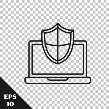 Siyah çizgi dizüstü bilgisayar korunuyor ve kalkan simgesi şeffaf arkaplanda izole ediliyor. Bilgisayar güvenliği, güvenlik duvarı teknolojisi, özel güvenlik. Vektör İllüstrasyonu