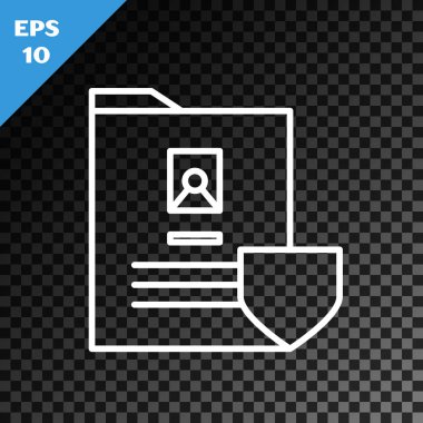 Kalkan simgesine sahip beyaz çizgi belgesi şeffaf koyu arkaplanda izole edilmiş. Sigorta konsepti. Güvenlik, güvenlik, koruma, konsept koruma. Vektör İllüstrasyonu