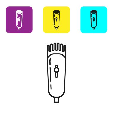 Beyaz arka planda siyah çizgi elektrikli saç kırpıcısı ya da traş ikonu var. Berber dükkanı sembolü. Renkli kare düğmeleri ayarlayın. Vektör İllüstrasyonu