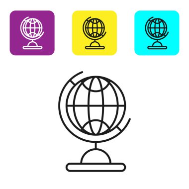 Siyah çizgi Dünya ikonu beyaz arka planda izole edilmiş. Renkli kare düğmeleri ayarlayın. Vektör İllüstrasyonu